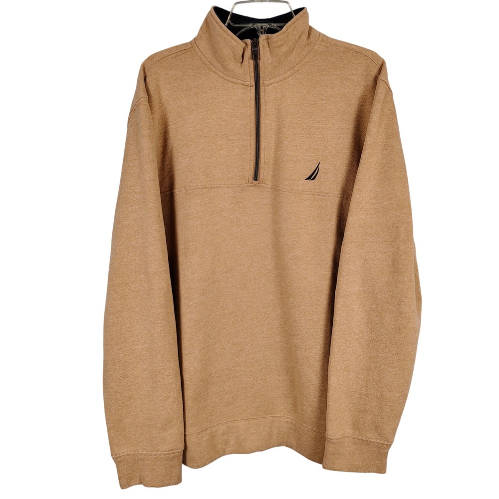 Nautica Mens XL Quarter Zip Pullover Tan Heather Cotton Blend Preppy Gorpcore